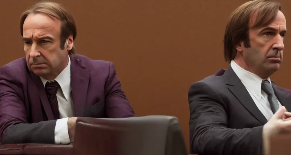 Image similar to saul goodman wearing a dark pink suit in court, still from better call saul