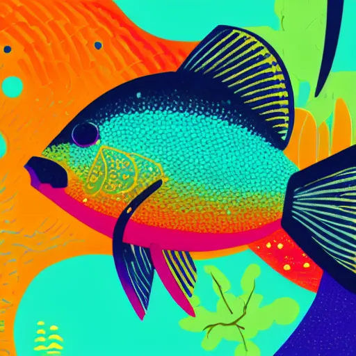 Prompt: one stylized fish with saturated colors viewed in profile in the ocean filled with very desaturated colors and complex sparkles and patterns, artstation, intricate, realistic, highly detailed, digital painting, concept art, sharp focus, illustration by tom whalen and charles williams and kilian eng and james jean