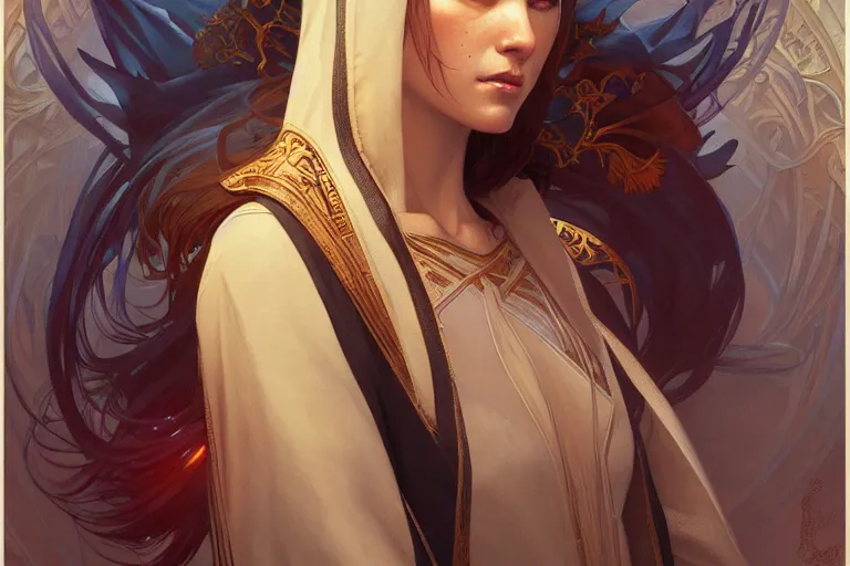 Prompt: the righteous female mage of god, deep focus, intricate, elegant, highly detailed, digital painting, artstation, concept art, matte, sharp focus, illustration, art by artgerm and greg rutkowski and alphonse mucha