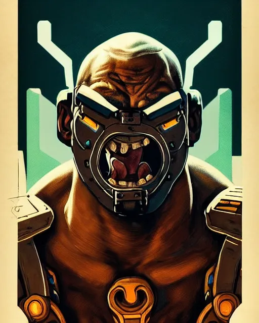 Image similar to doomfist from overwatch, aggressive expression, elegant, leopard print, character portrait, portrait, close up, concept art, intricate details, highly detailed, vintage sci - fi poster, retro future, in the style of chris foss, rodger dean, moebius, michael whelan, and gustave dore