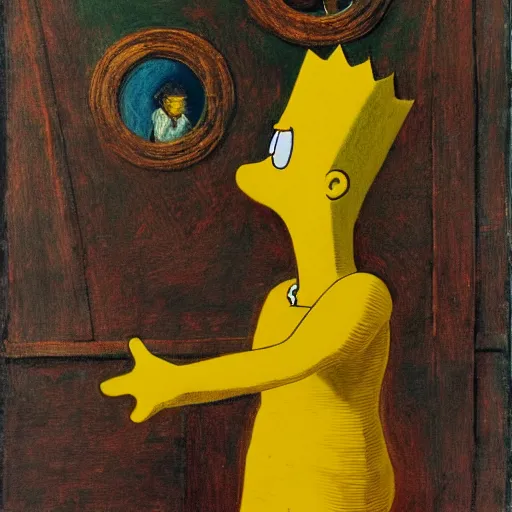 Prompt: Bart Simpson trapped in a Max Ernst painting