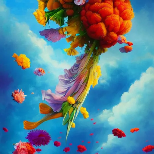 Image similar to a painting of a bunch of flowers floating in the air, a surrealist painting by rhads, james jean, alberto seveso, behance contest winner, psychedelic art, made of flowers, wallpaper, art