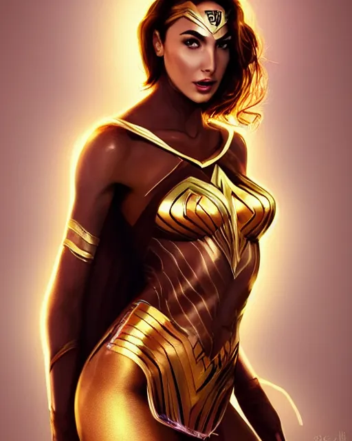 Prompt: beautiful gal gadot as honey, made of honey, wearing honey - themed miniskirt, award winning creature portrait photography, extremely detailed, artstation, 8 k, sensual lighting, incredible art, wlop, artgerm, backlit, rim lighting, hi - fructose