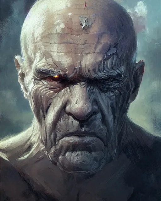 Image similar to old shaved man with a big scar on his blind left eye, elegant, hard edges, wrath, muscles, ethereal, science fiction, supervilain, fantasy art by greg rutkowski and magali villeneuve and claude monet