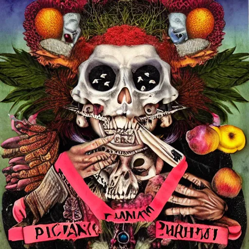 Image similar to punk album cover, blank horizontal banner on top, psychedelic, giuseppe arcimboldo