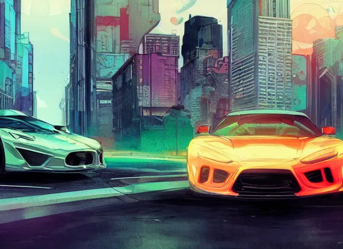 Image similar to a sport car in a city, sharp focus. cinematic pose, cinematic lighting, art by josan gonzales and moebius and deathburger.