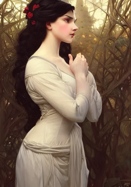 Image similar to snow white and queen, intricate, elegant, highly detailed, digital painting, artstation, concept art, smooth, sharp focus, illustration, art by artgerm and greg rutkowski and alphonse mucha and william - adolphe bouguereau