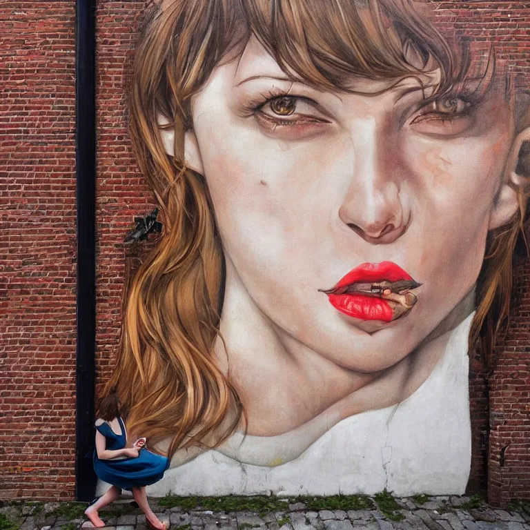 Prompt: Street-art portrait of Milica Bogdanivna Jovovich on the red brick wall in style of Etam Cru, photorealism