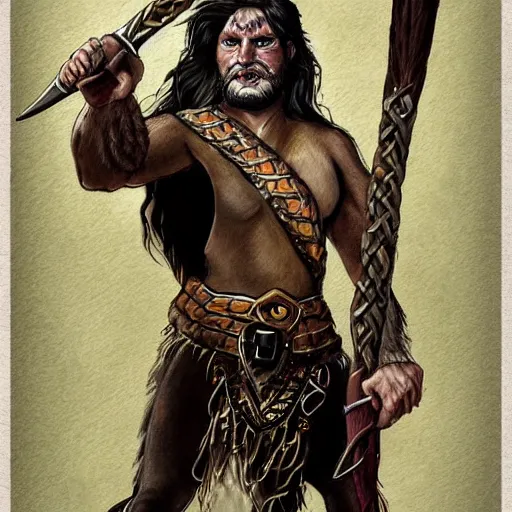 Image similar to full face and body character design reference art of Eoghaill of the Murine Hordes, a La Tene Culture Celtic chieftain and warrior, resplendent and proud of bearing, long black hair, hirstute and muscled, wielding a Celtic longsword, verminous seeming. high quality, high detail, realistic painting, in the style of: Angus McBride, Moebius aka Jean Giraud, and Michael William Kaluta. photorealistic light.