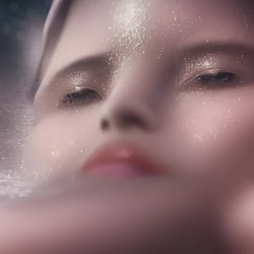 Image similar to pale face lying under the water, water lilys, cinematic, shallow depth of field, atmospheric, ultra high detail, somber colors, close up of face, trending on artstation