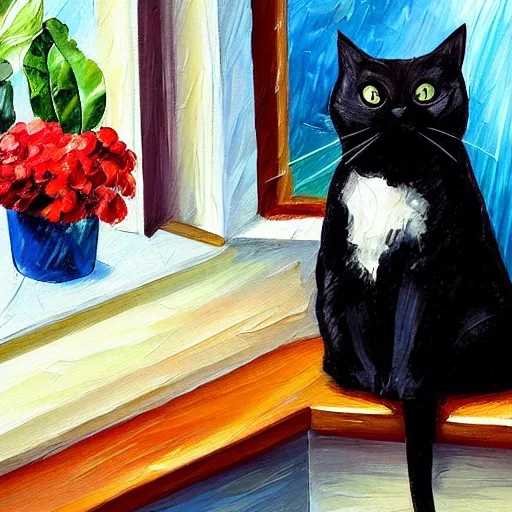 Prompt: peaceful dreamy painting of a content black cat sitting by a window, sunshine coming through the window, small plants on the window sill, 4k resolution, highly detailed, by Leonid Afremov