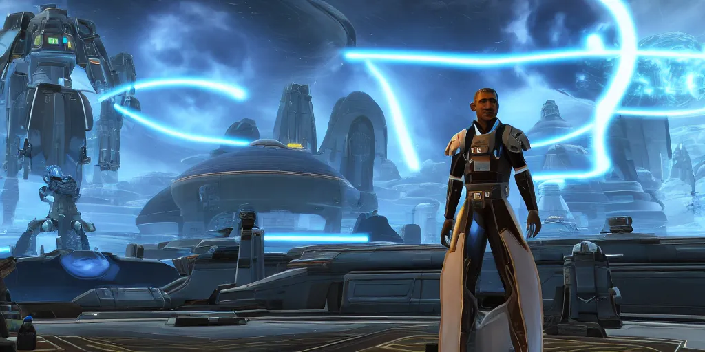 Prompt: screenshot of obama in swtor, facial features, clear eyes, heroengine, 4 k