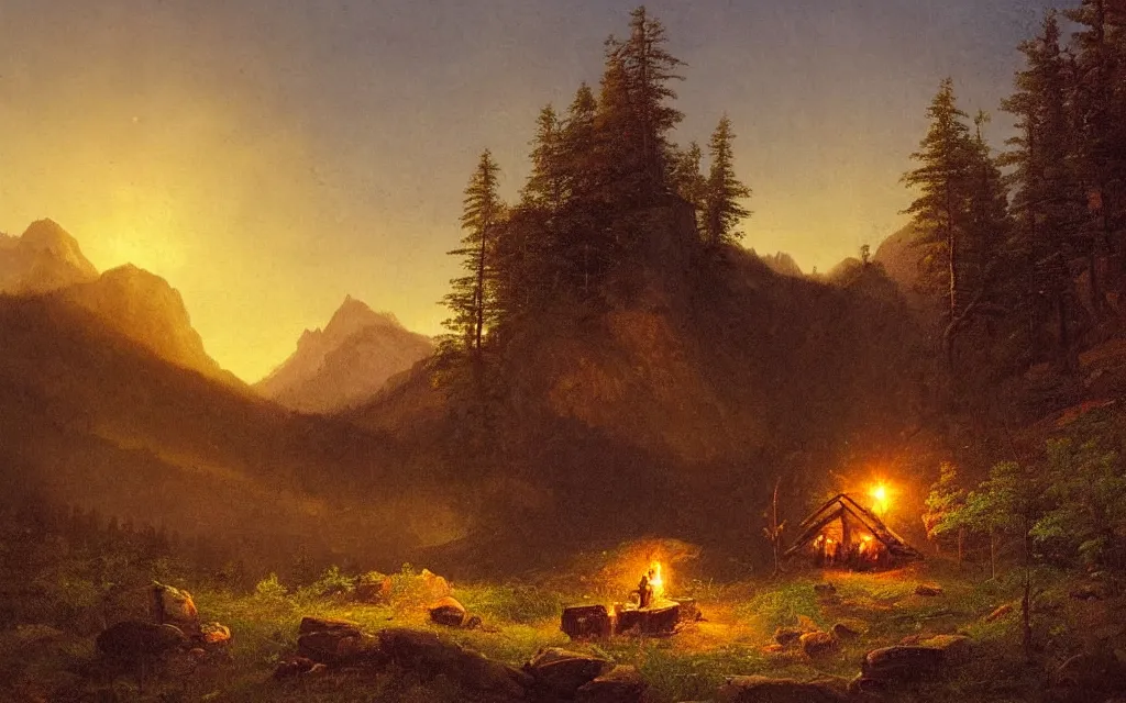 Prompt: small wood cabin with a small campfire on the edge of a forest overlooking a beautiful valley at dusk, sunset in the distance, mountainous backdrop, cinematic lighting, intricate ink illustration, by albert bierstadt