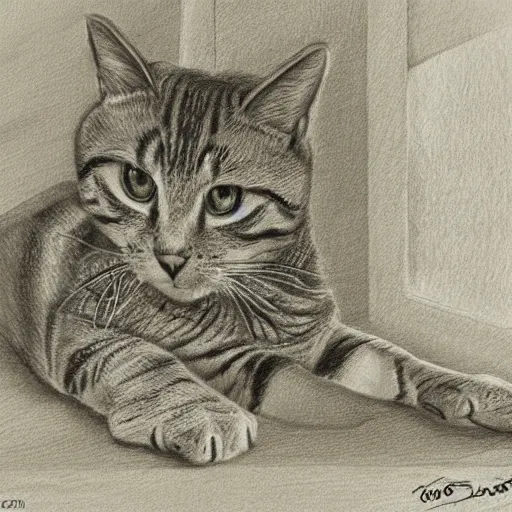 Image similar to a tabby cat named clarence laying on a table looking out the window, it is a sunny day, in the style of a hand drawn pencil sketch