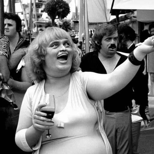 Image similar to 3 5 mm photo of raucous drunk boisterous loud portly french comedienne tippi pupu holding a drink and barking at a crowd, cannes 1 9 7 8