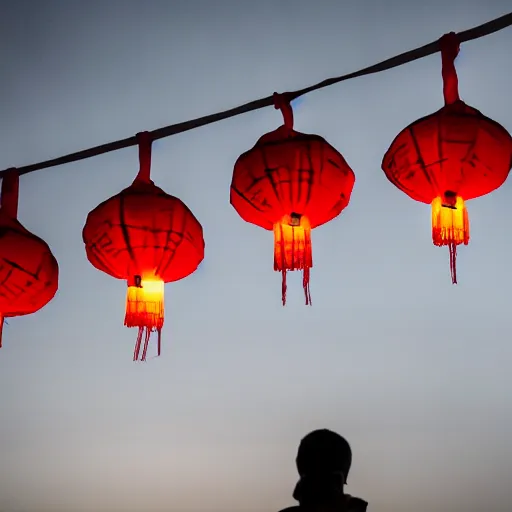 Prompt: a tiny dark black night club with five red chinese lanterns, people's silhouettes close up, wearing white t - shirts that glow in the dark, minimalism,