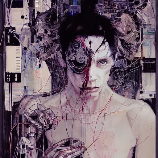 Prompt: in a dark room, a male cyberpunk hacker, skulls, wires cybernetic implants, machine noir steelpunk grimcore, in the style of adrian ghenie esao andrews jenny saville surrealism dark art by james jean takato yamamoto and by ashley wood