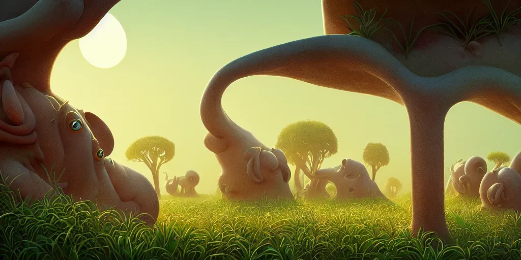 Prompt: of an intricate hazy savanna with strange pudgy cute creatures with long tongues, big eyes and huge noses appearing from the ground, in the style of gaudi, macro lens, shallow depth of field, highly detailed, digital painting, trending artstation, concept art, illustration, cinematic lighting, vibrant colors, photorealism, epic, octane render