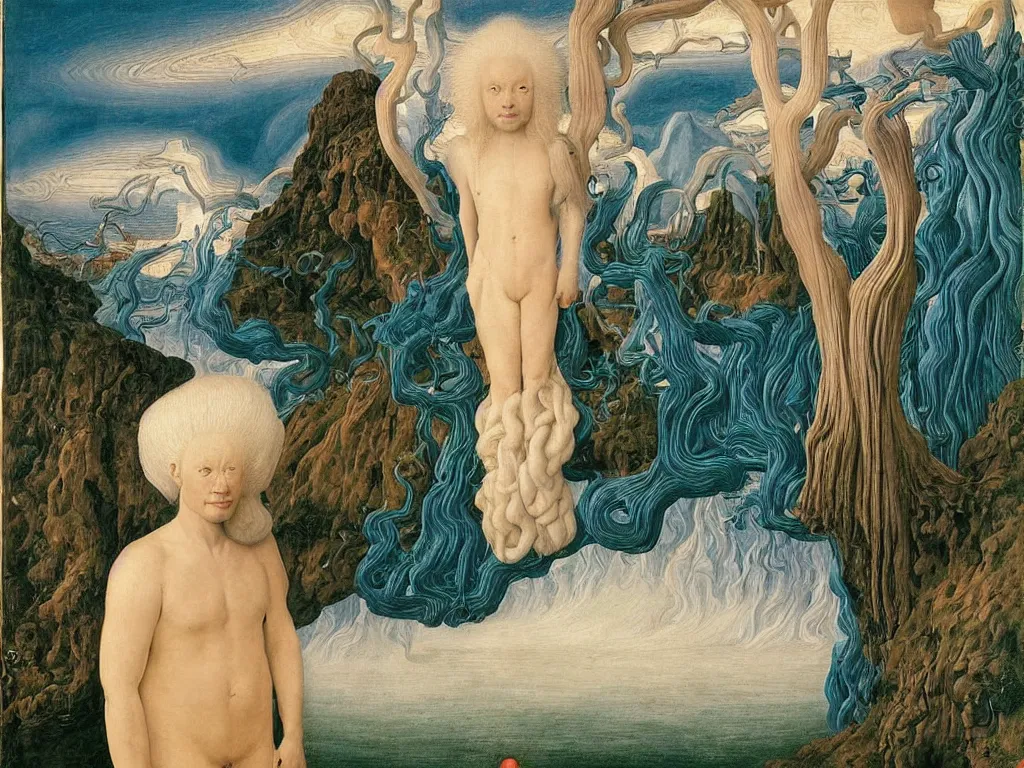 Prompt: Portrait of albino mystic with blue eyes, with exotic beautiful orchid medusae. Landscape with tsunami, giant wave. Painting by Jan van Eyck, Audubon, Rene Magritte, Agnes Pelton, Max Ernst, Walton Ford