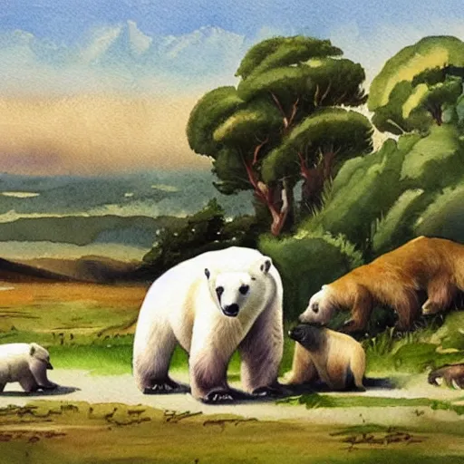 Image similar to an idyllic pastoral watercolor of polar bears fighting