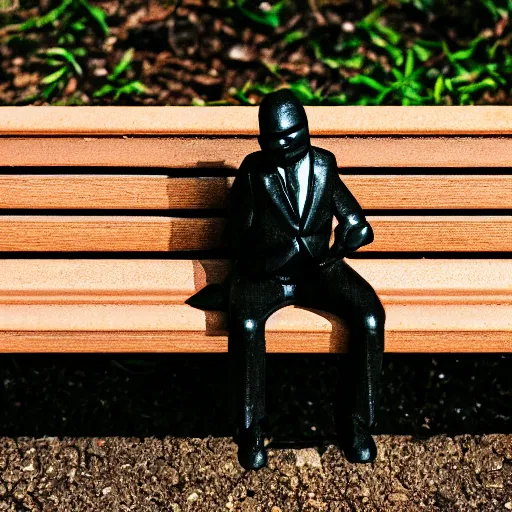 Image similar to macro photography of a tiny plastic depressed man in a suit, sitting on a bench with his cat, 3 5 mm macro shot,