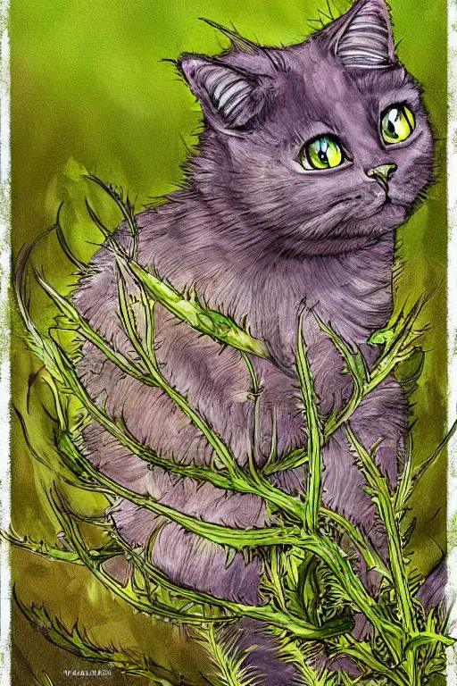 Image similar to a cat thistle hybrid, highly detailed, digital art, sharp focus, trending on art station, plant, anime art style