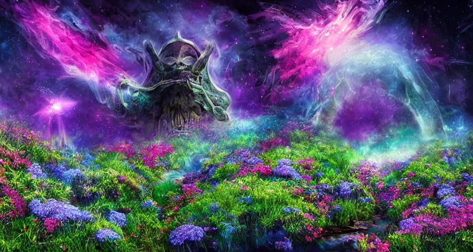 Image similar to a large alien shrine shrouded by mystic nebula magic in a field of flowers, breath - taking beautiful flowers, streams, nebula, and mist, an aesthetically pleasing, dynamic, energetic, lively, complex, intricate, detailed, well - designed digital art of magic, streams, flowers, and mist, early morning, light and shadow