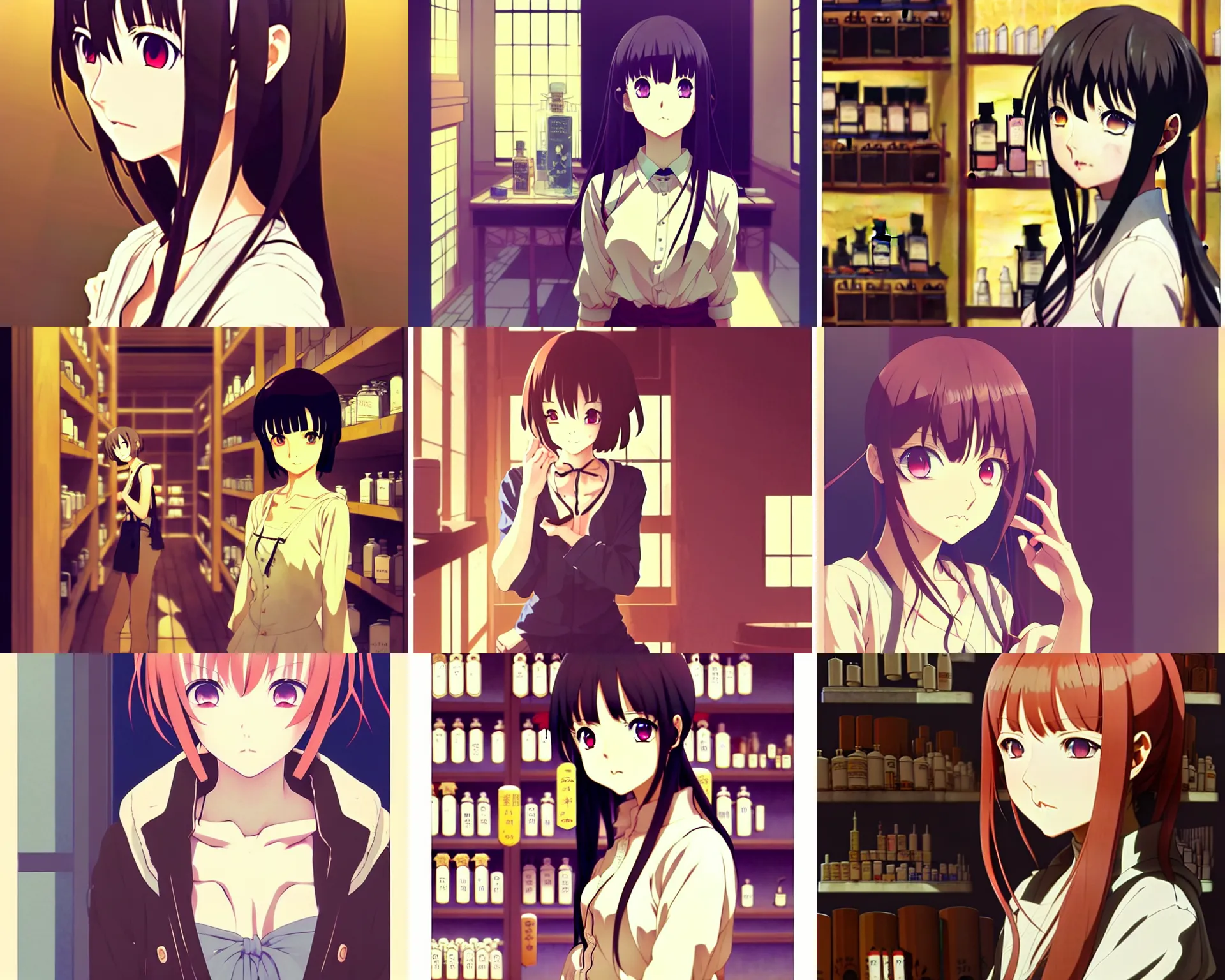 Prompt: anime frames, anime visual, portrait of a young female traveler in a apothecary potion shop interior shopping, very low light cute face by ilya kuvshinov and yoh yoshinari, katsura masakazu, mucha, dynamic pose, dynamic perspective, strong silhouette, anime cels, rounded eyes, smooth facial features, contrasting shadows