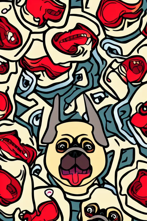 Image similar to Evil pug, the devil, sticker, blood thirsty, blood, evil, colorful, illustration, highly detailed, simple, smooth and clean vector curves, no jagged lines, vector art, smooth