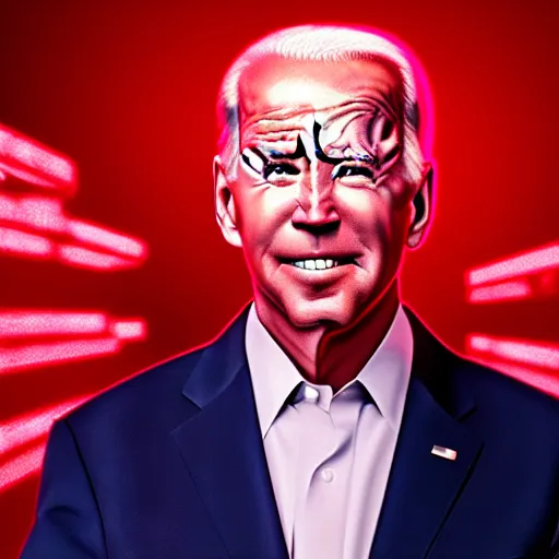 Image similar to Joe Biden standing in a room engulfed in red light, cinematic, bloom, breathtaking, illustration