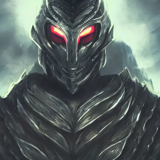 Image similar to a highly detailed character portrait of a man wearing a epic shadow armor with glowing red eyes