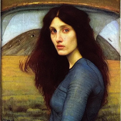 Prompt: portrait of hostile alien visitor, pre-raphaelite painting by john william waterhouse