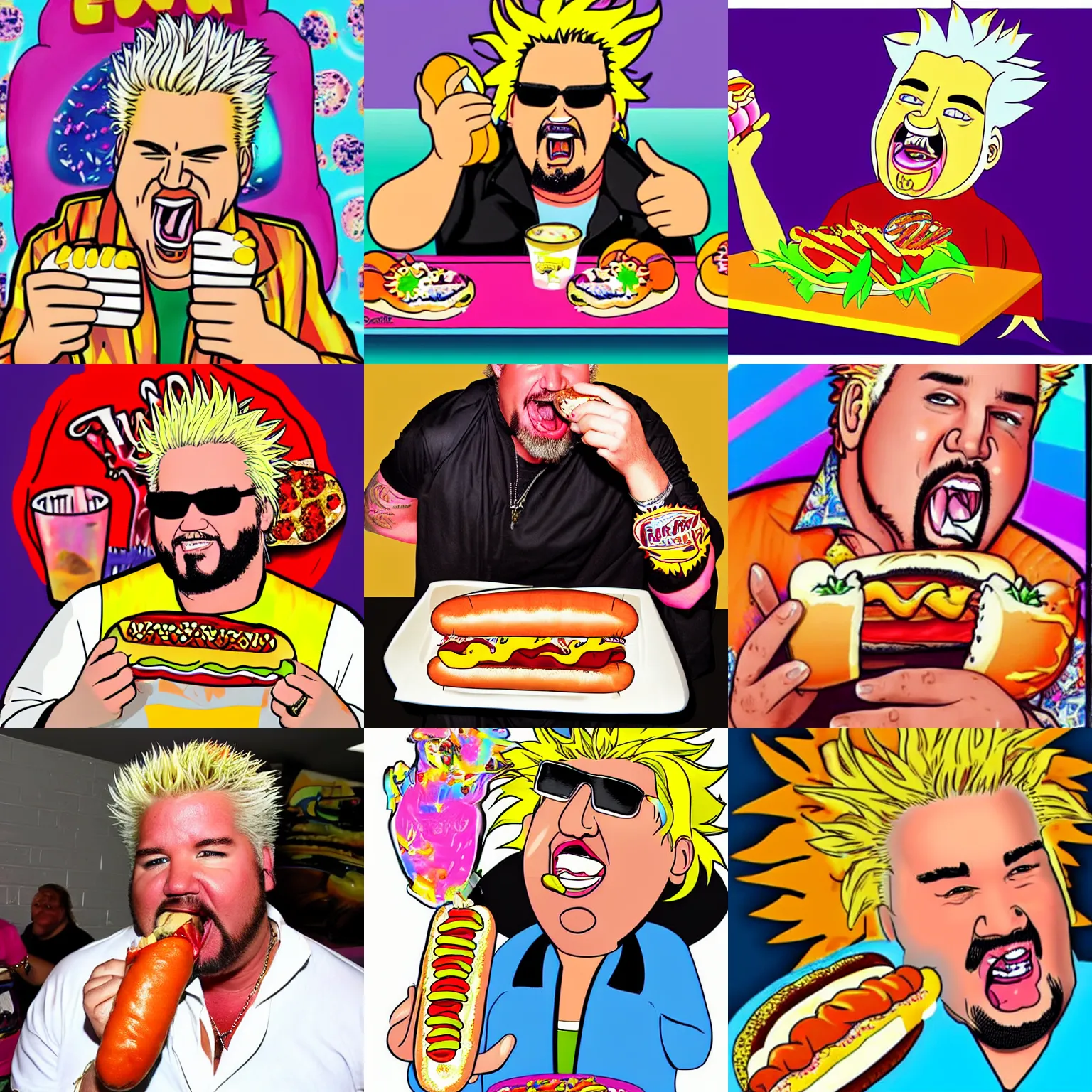 Prompt: Guy Fieri eating a hotdog in the style of Lisa Frank