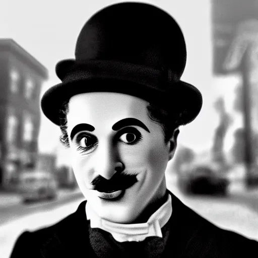 Image similar to charlie chaplin at a bus stop, black and white color aesthetic, highly detailed, photorealistic portrait, bright studio setting, studio lighting, crisp quality and light reflections, unreal engine 5 quality render