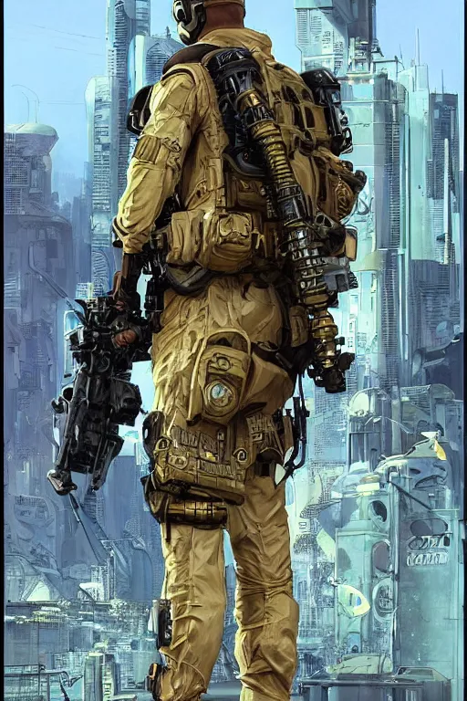 Image similar to Hosea. USN special forces futuristic recon operator, cyberpunk military hazmat exo-suit, on patrol in the Australian autonomous zone, deserted city skyline. 2087. Concept art by James Gurney and Alphonso Mucha