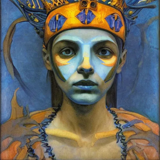 Prompt: the bone crown, by Annie Swynnerton and Nicholas Roerich and Diego Rivera, blue skin, elaborate costume, geometric ornament, rich color, dramatic cinematic lighting, smooth, sharp focus, extremely detailed