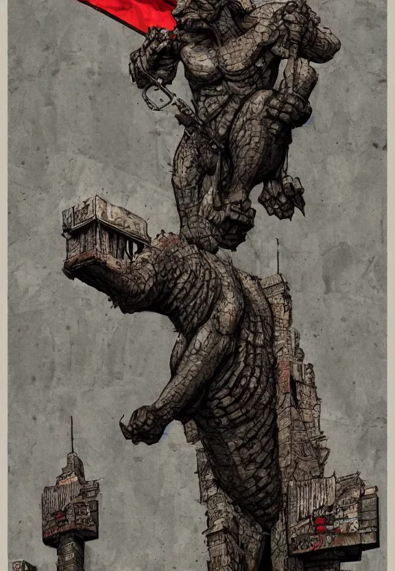 Image similar to [Brutalist gargoyle adorned with checkered flag. Propaganda poster!, intricate, elegant, highly detailed, digital painting, artstation, concept art, matte, sharp focus, illustration, art by Enki Bilal]