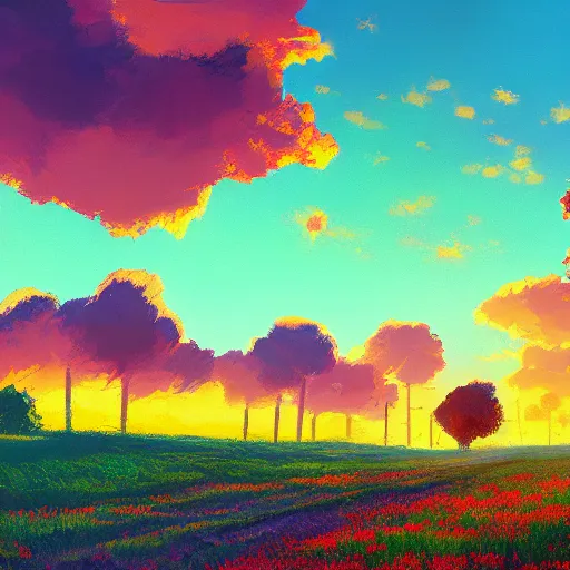 Image similar to who cared, flower field, beautiful sunset on a summer day light, impressionist painting, colorful clouds, blue sky, digital painting, artstation, simon stalenhag