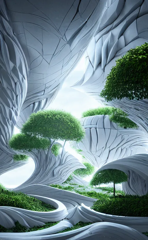 Image similar to highly detailed ultra sharp 3 d render cinematic composition of a smooth ceramic porcelain magnolia stone white fluid fractal sci - fi surreal architecture landscape, marble, magnesium, foliage, archviz, vincent callebaut composition, mamou - mani, beautiful lighting, 8 k, unreal engine, hdr, dof