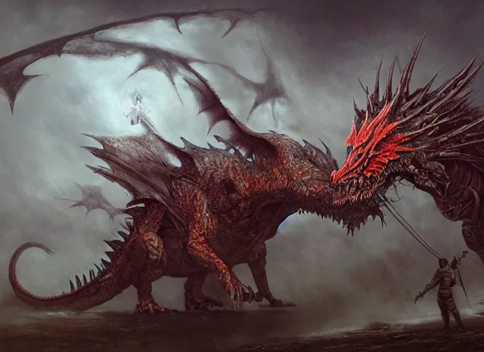 Image similar to dragon concept, dragon body, dragon head, monster hunter monster, brent hollowell, beksinski