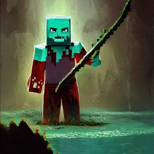 Image similar to painting by greg rutkowski of a minecraft drowned zombie holding a trident with glowing cyan eyes, wearing ragged clothing and and algae growing on it, holding a trident, underwater