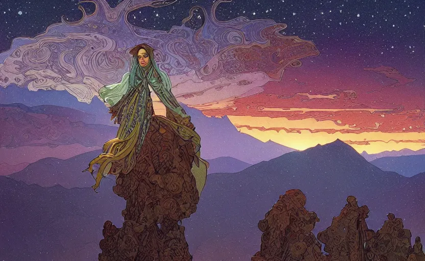 Prompt: mountains, stars and paisley filled sky, artstation, intricate, highly detailed, digital painting, concept art, sharp focus, illustration by Michael Whelan and Alphonse Mucha