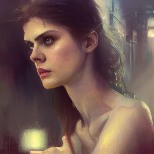 Image similar to alexandra daddario, hyperrealistic portrait, bladerunner street alley, art of elysium by frank frazetta and by jeremy mann and by alphonse mucha, fantasy art, photo realistic, dynamic lighting, artstation, full figure poster, volumetric lighting, very detailed face, 4 k, award winning