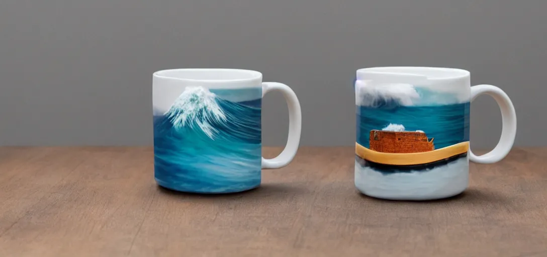 Image similar to A mug with a tsunami as a drink