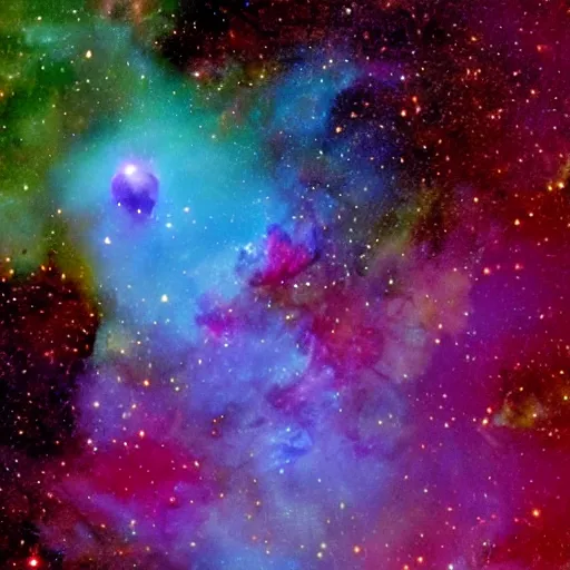 Prompt: A nebula that looks like kermit, james webb space telescope image.