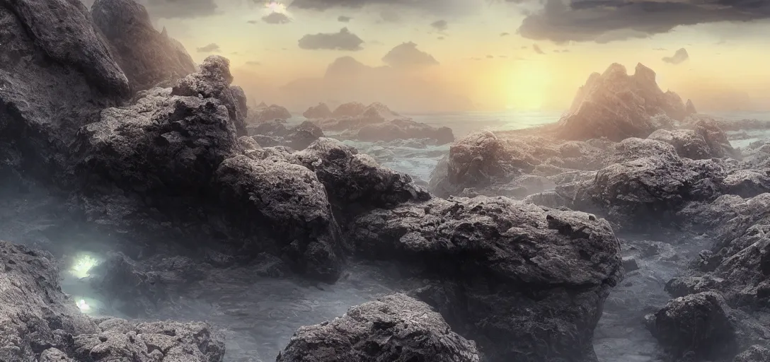 Prompt: octane render uhd, 8 k art photography, filmic lighting, cinematic art shot, hyperrealistic, hyperdetailed, super detailed, 8 k, high resolution, vast dark granite landscape with mysterious strangle glowing crystalline structure made of white rocks in the far distance, particle simulation, painting by ross tran and ivan aivazovsky, black water, sunset