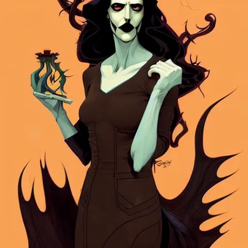 Image similar to Rafael Albuquerque comic art, art nouveau, Peter Mohrbacher, Joshua Middleton, pretty female Eva Green vampire, sharp vampire teeth, sarcastic smile, symmetrical eyes, symmetrical face, brown leather jacket, jeans, long black hair, full body:: building on fire:: hate and anger:: cool colors