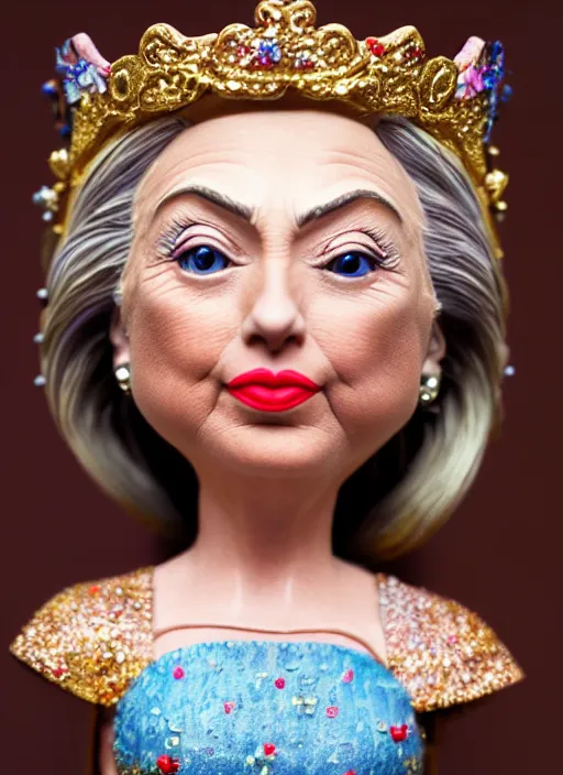 Image similar to closeup face profile portrait of tin toy hillary clinton as a fairytale princess wearing a crown eating cakes, bikini, depth of field, zeiss lens, detailed, symmetrical, centered, fashion photoshoot, by nicoletta ceccoli, mark ryden, lostfish, breathtaking, 8 k resolution, extremely detailed, beautiful, establishing shot, artistic, hyperrealistic, octane render