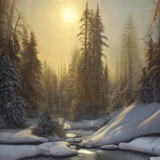 Prompt: Beautiful hyper-realistic detailed matte painting of Siberian forest landscape with frozen stream of lost vibes in the foreground and dark dense coniferous forest in the background, early morning, winter, gentle mist, by andreas rocha and john howe, and Martin Johnson Heade, featured on artstation, featured on behance, golden ratio, ultrawide angle, f32, well composed, cohesive