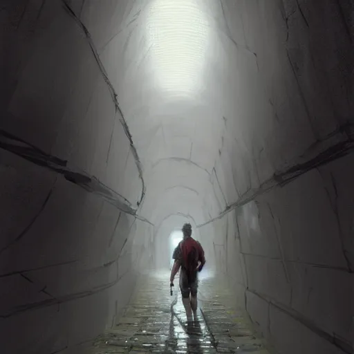 Prompt: A man in shorts walks down a ver long, high walled tunnel, his back is turned, highly detailed, digital painting, artstation, concept art, smooth, sharp focus, illustration, art by greg rutkowski